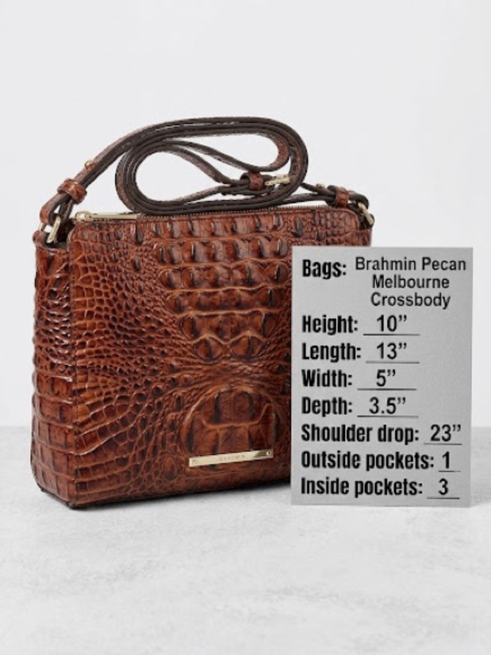 Brahmin Carrie Pecan Melbourne Croc Embossed Leather Crossbody Shoulder Bag